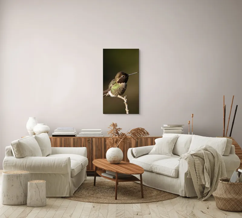 Tablou Canvas, "Colibri pe o creangă uscată", Pasăre, Ramură, Penaj, Verde, Natură, Delicatețe, Contrast, Frumusețe, Micime, 50 x 90 cm – poza 7
