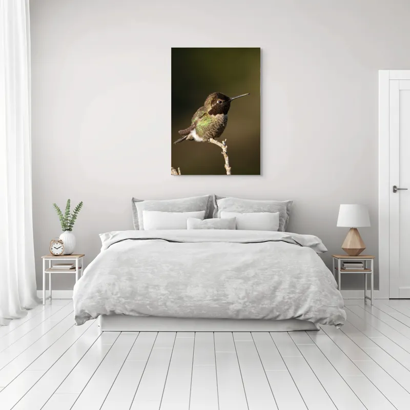 Tablou Canvas, "Colibri pe o creangă uscată", Pasăre, Ramură, Penaj, Verde, Natură, Delicatețe, Contrast, Frumusețe, Micime, 70 x 100 cm – poza 3