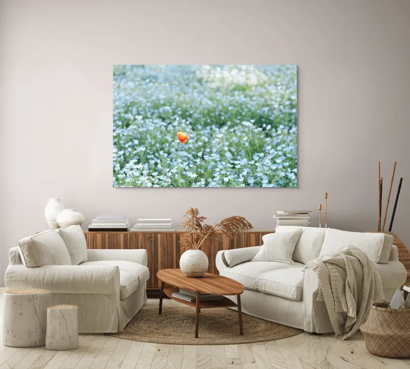 Tablou Canvas, "Dor solitar în mare de flori albastre", Floare, Unică, Contrast, Peisaj, Natură, Calmează, Simplu, Delicat, Verde, Singularitate, 150 x 100 cm – poza 3