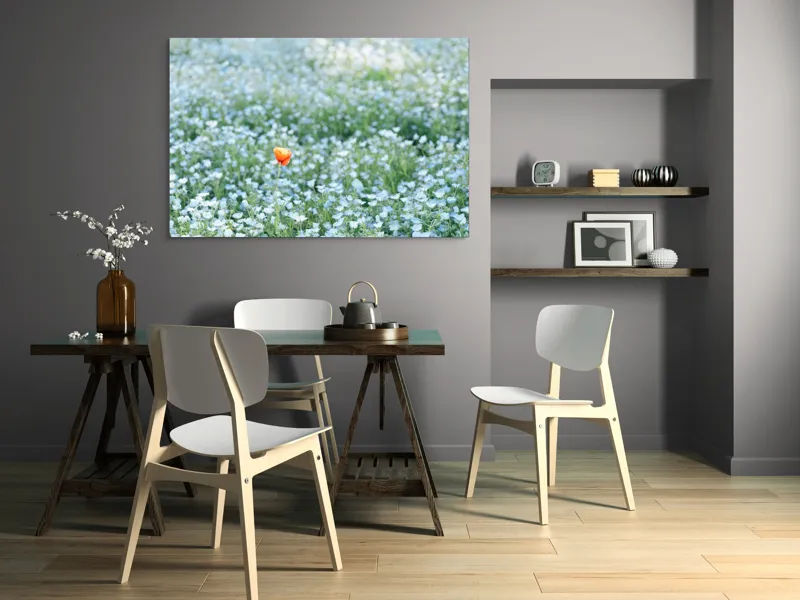 Tablou Canvas, "Dor solitar în mare de flori albastre", Floare, Unică, Contrast, Peisaj, Natură, Calmează, Simplu, Delicat, Verde, Singularitate, 150 x 100 cm – poza 5