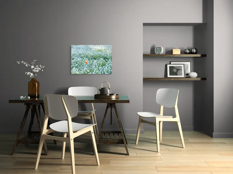 Tablou Canvas, "Dor solitar în mare de flori albastre", Floare, Unică, Contrast, Peisaj, Natură, Calmează, Simplu, Delicat, Verde, Singularitate, 70 x 50 cm – poza 5