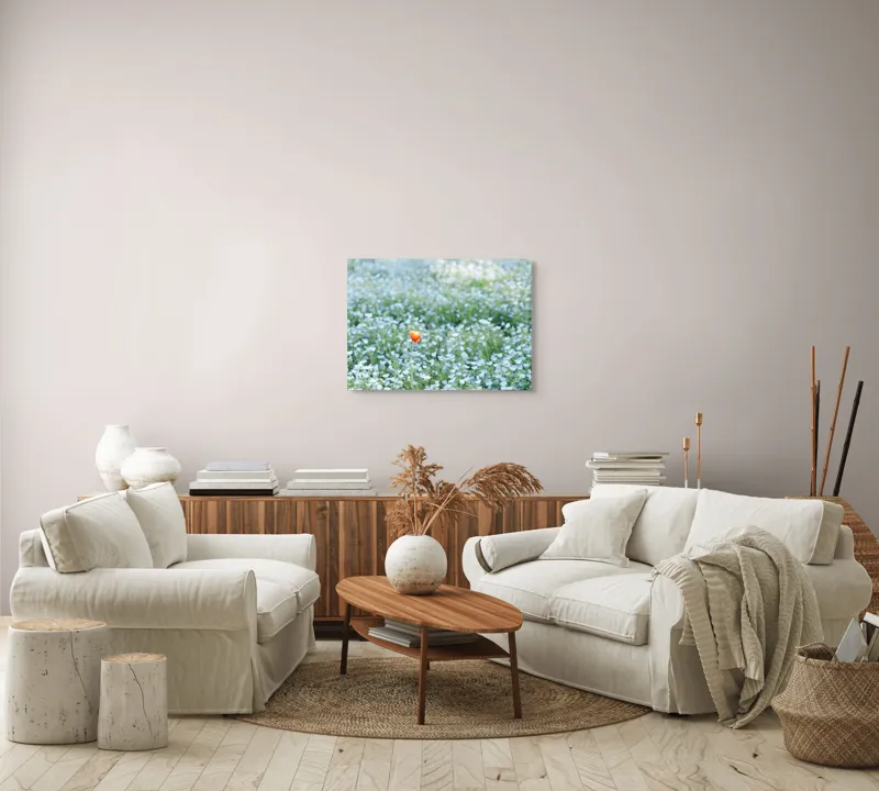 Tablou Canvas, "Dor solitar în mare de flori albastre", Floare, Unică, Contrast, Peisaj, Natură, Calmează, Simplu, Delicat, Verde, Singularitate, 70 x 50 cm – poza 6