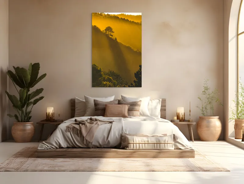 Tablou Canvas, "În lumina aurie a dimineții", Aur, Pădure, Lumină, Siluetă, Natural, Strălucire, Înserare, Căldură, 100 x 150 cm – poza 3