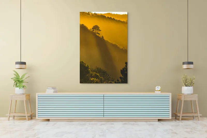 Tablou Canvas, "În lumina aurie a dimineții", Aur, Pădure, Lumină, Siluetă, Natural, Strălucire, Înserare, Căldură, 100 x 150 cm – poza 4