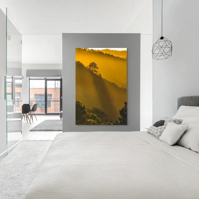 Tablou Canvas, "În lumina aurie a dimineții", Aur, Pădure, Lumină, Siluetă, Natural, Strălucire, Înserare, Căldură, 100 x 150 cm – poza 5