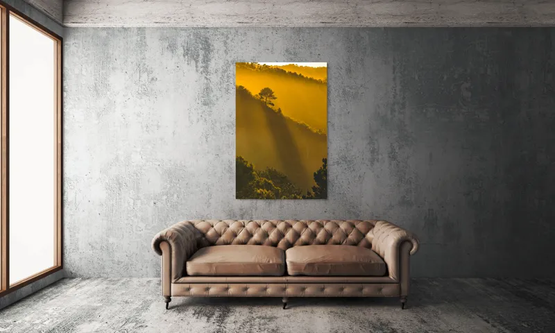 Tablou Canvas, "În lumina aurie a dimineții", Aur, Pădure, Lumină, Siluetă, Natural, Strălucire, Înserare, Căldură, 100 x 150 cm – poza 6