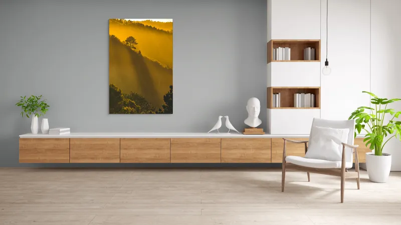 Tablou Canvas, "În lumina aurie a dimineții", Aur, Pădure, Lumină, Siluetă, Natural, Strălucire, Înserare, Căldură, 100 x 150 cm – poza 8