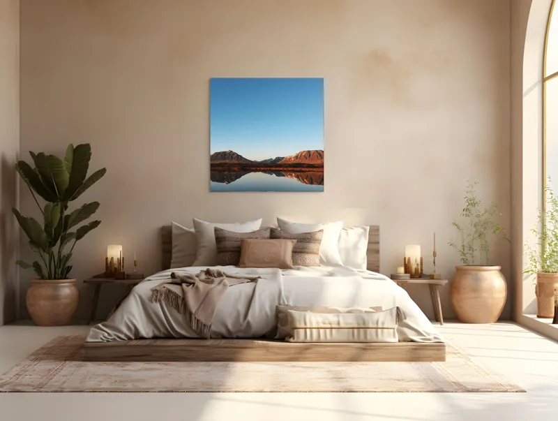 Tablou Canvas, "Reflecția liniștii munților în apă", Munte, Reflecție, Apus, Lac, Serenitate, Peisaj, Natură, Cer, Calm, Frumusețe, 100 x 100 cm – poza 4