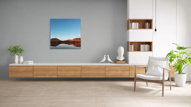 Tablou Canvas, "Reflecția liniștii munților în apă", Munte, Reflecție, Apus, Lac, Serenitate, Peisaj, Natură, Cer, Calm, Frumusețe, 100 x 100 cm – poza 8