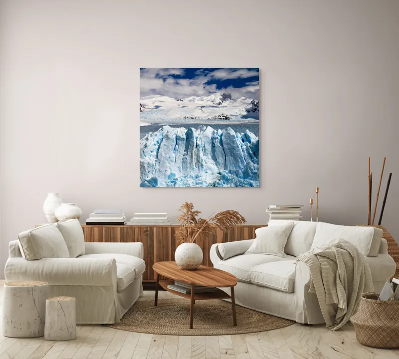 Tablou Canvas, "Dansul ghețarilor sub cerul albastru", Zăpadă, Gheață, Munți, Cer, Norii, 100 x 100 cm – poza 3