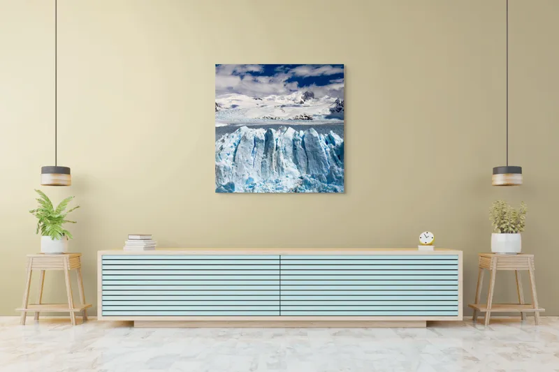 Tablou Canvas, "Dansul ghețarilor sub cerul albastru", Zăpadă, Gheață, Munți, Cer, Norii, 100 x 100 cm – poza 5