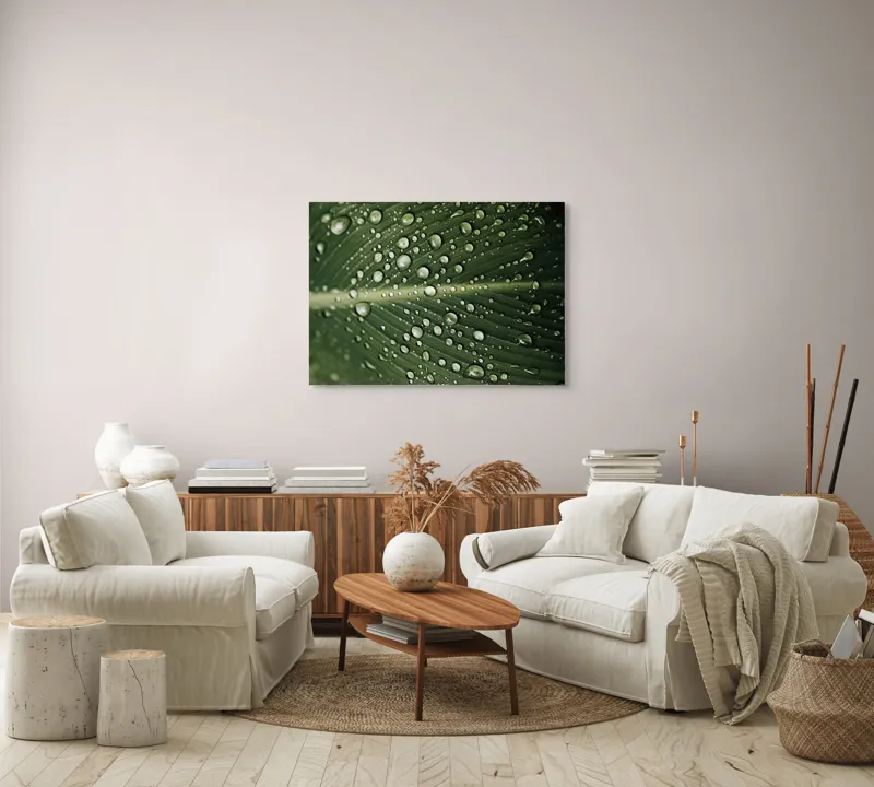 Tablou Canvas, "Picături de ploaie pe frunză verde", Picături, Frunză, Verde, Apă, Natură, Lumină, Textură, Răcoritoare, 100 x 70 cm – poza 3
