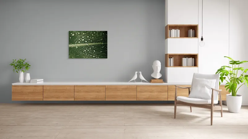 Tablou Canvas, "Picături de ploaie pe frunză verde", Picături, Frunză, Verde, Apă, Natură, Lumină, Textură, Răcoritoare, 100 x 70 cm – poza 6