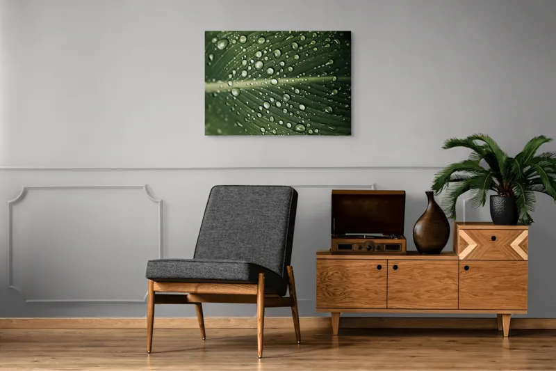 Tablou Canvas, "Picături de ploaie pe frunză verde", Picături, Frunză, Verde, Apă, Natură, Lumină, Textură, Răcoritoare, 100 x 70 cm – poza 8