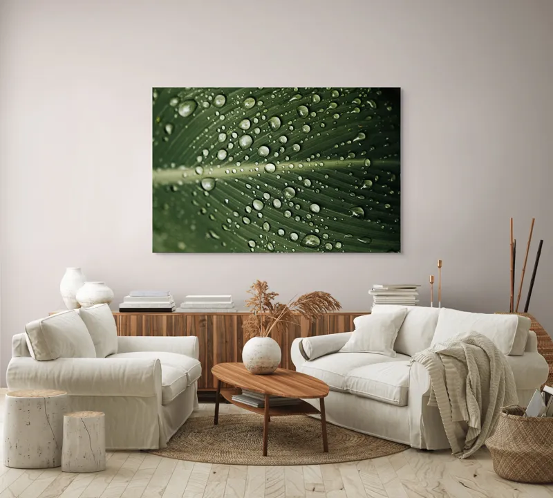 Tablou Canvas, "Picături de ploaie pe frunză verde", Picături, Frunză, Verde, Apă, Natură, Lumină, Textură, Răcoritoare, 150 x 100 cm – poza 3