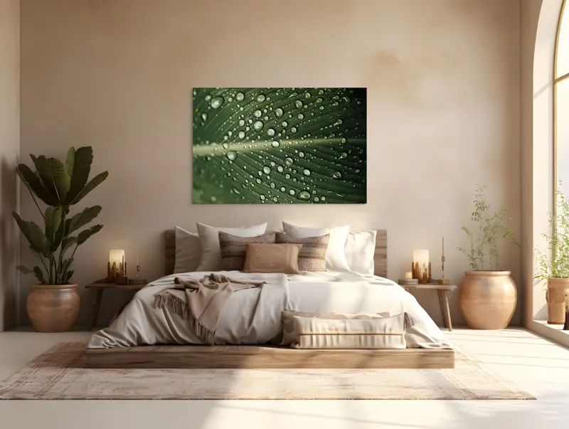 Tablou Canvas, "Picături de ploaie pe frunză verde", Picături, Frunză, Verde, Apă, Natură, Lumină, Textură, Răcoritoare, 150 x 100 cm – poza 4