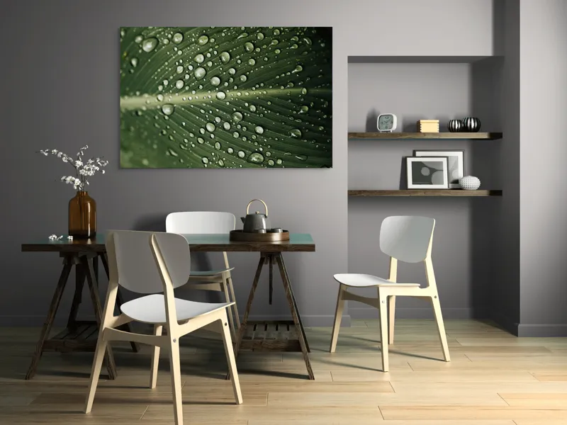 Tablou Canvas, "Picături de ploaie pe frunză verde", Picături, Frunză, Verde, Apă, Natură, Lumină, Textură, Răcoritoare, 150 x 100 cm – poza 5