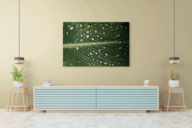 Tablou Canvas, "Picături de ploaie pe frunză verde", Picături, Frunză, Verde, Apă, Natură, Lumină, Textură, Răcoritoare, 150 x 100 cm – poza 6
