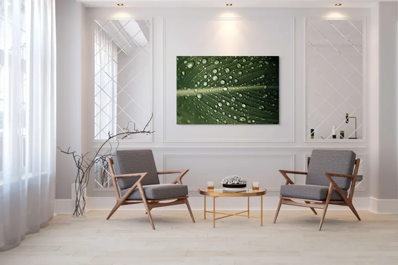 Tablou Canvas, "Picături de ploaie pe frunză verde", Picături, Frunză, Verde, Apă, Natură, Lumină, Textură, Răcoritoare, 150 x 100 cm – poza 7