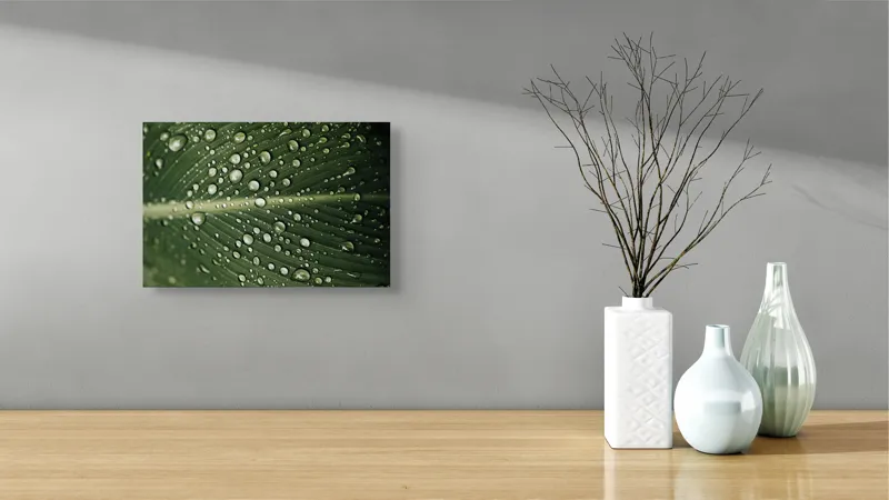 Tablou Canvas, "Picături de ploaie pe frunză verde", Picături, Frunză, Verde, Apă, Natură, Lumină, Textură, Răcoritoare, 39 x 26 cm – poza 8