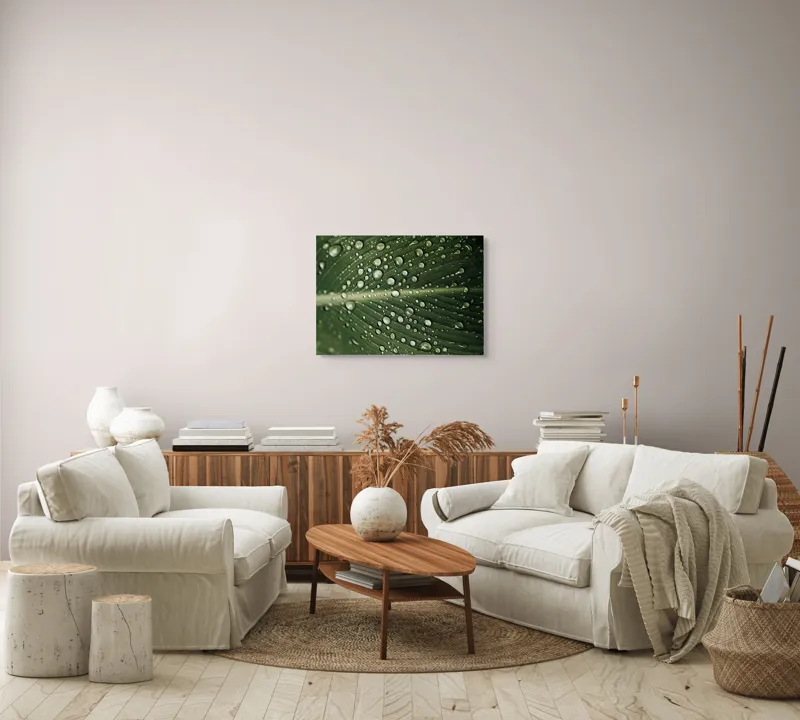 Tablou Canvas, "Picături de ploaie pe frunză verde", Picături, Frunză, Verde, Apă, Natură, Lumină, Textură, Răcoritoare, 70 x 50 cm – poza 6