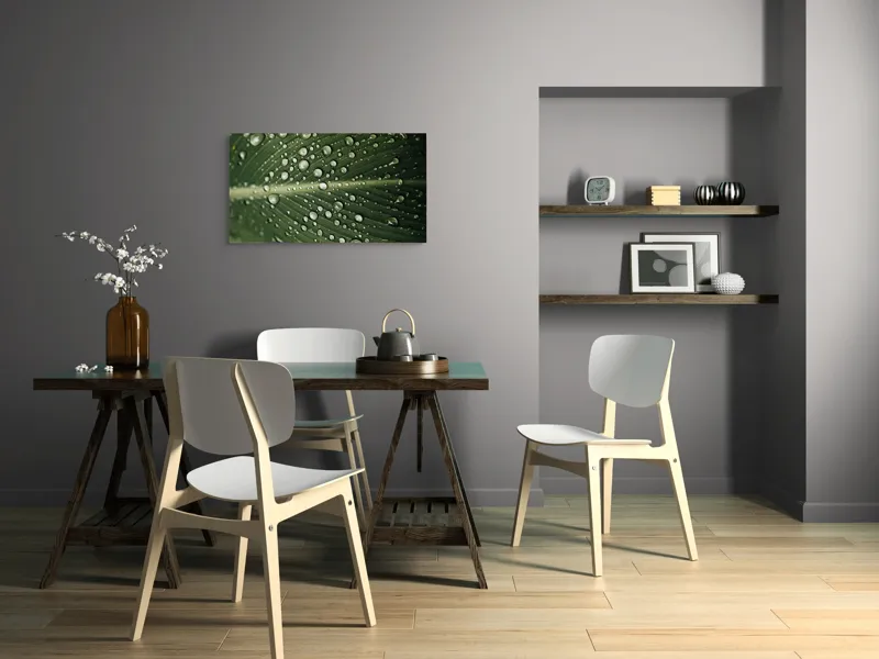 Tablou Canvas, "Picături de ploaie pe frunză verde", Picături, Frunză, Verde, Apă, Natură, Lumină, Textură, Răcoritoare, 90 x 50 cm – poza 3