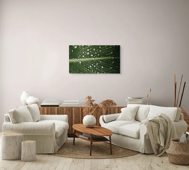 Tablou Canvas, "Picături de ploaie pe frunză verde", Picături, Frunză, Verde, Apă, Natură, Lumină, Textură, Răcoritoare, 90 x 50 cm – poza 4