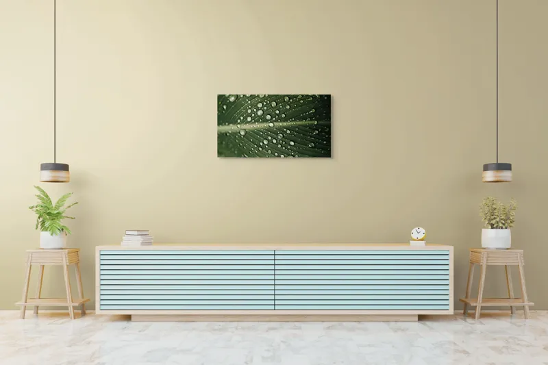 Tablou Canvas, "Picături de ploaie pe frunză verde", Picături, Frunză, Verde, Apă, Natură, Lumină, Textură, Răcoritoare, 90 x 50 cm – poza 5