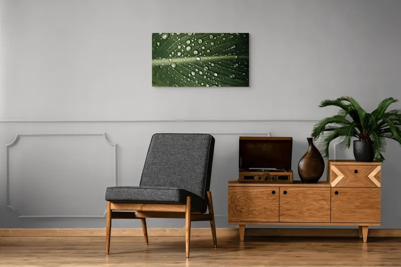 Tablou Canvas, "Picături de ploaie pe frunză verde", Picături, Frunză, Verde, Apă, Natură, Lumină, Textură, Răcoritoare, 90 x 50 cm – poza 6