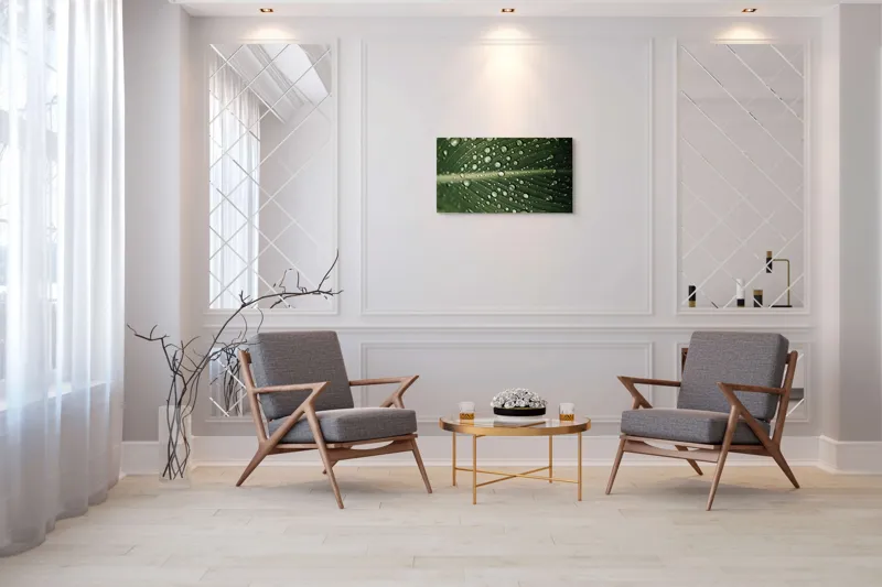 Tablou Canvas, "Picături de ploaie pe frunză verde", Picături, Frunză, Verde, Apă, Natură, Lumină, Textură, Răcoritoare, 90 x 50 cm – poza 7