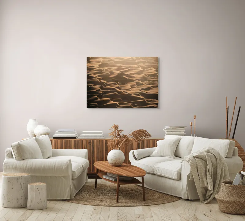 Tablou Canvas, "Dunele aurii ale deșertului enigmatic", Ondulații, Aurii, Nisip, Vânt, Deșert, Umbră, Texturi, Valuri, Lumină, Imensitate, 100 x 70 cm – poza 3