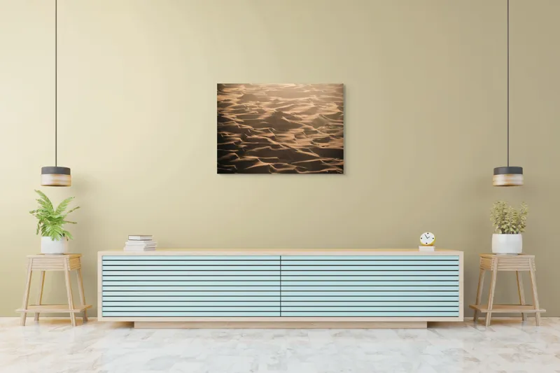 Tablou Canvas, "Dunele aurii ale deșertului enigmatic", Ondulații, Aurii, Nisip, Vânt, Deșert, Umbră, Texturi, Valuri, Lumină, Imensitate, 100 x 70 cm – poza 4