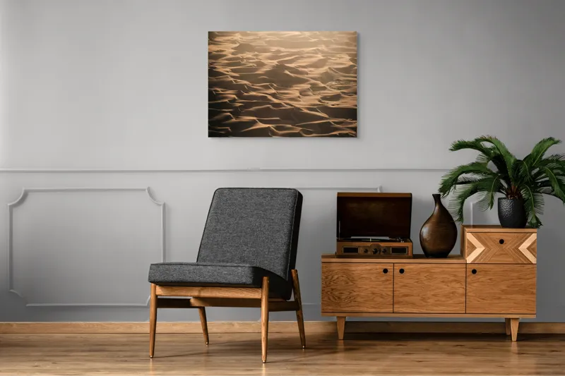 Tablou Canvas, "Dunele aurii ale deșertului enigmatic", Ondulații, Aurii, Nisip, Vânt, Deșert, Umbră, Texturi, Valuri, Lumină, Imensitate, 100 x 70 cm – poza 8