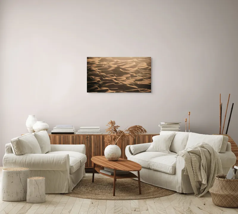 Tablou Canvas, "Dunele aurii ale deșertului enigmatic", Ondulații, Aurii, Nisip, Vânt, Deșert, Umbră, Texturi, Valuri, Lumină, Imensitate, 90 x 50 cm – poza 4