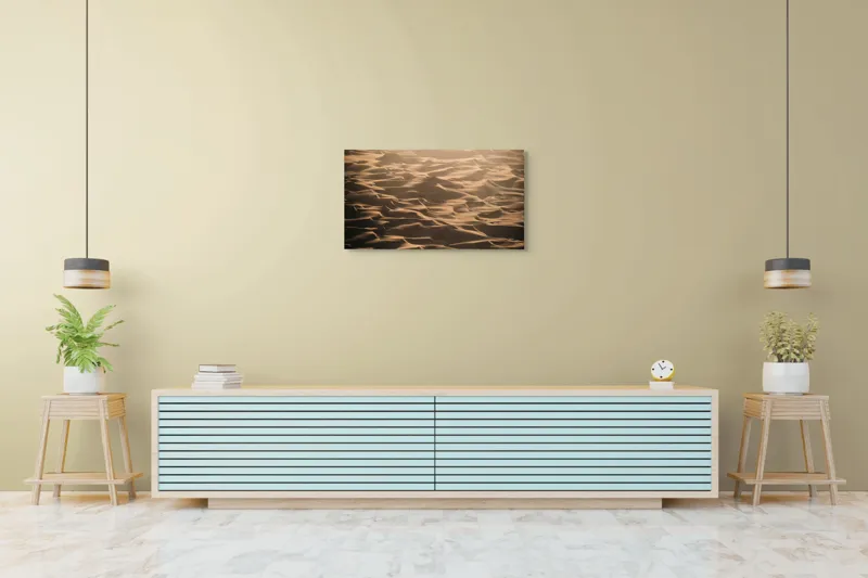 Tablou Canvas, "Dunele aurii ale deșertului enigmatic", Ondulații, Aurii, Nisip, Vânt, Deșert, Umbră, Texturi, Valuri, Lumină, Imensitate, 90 x 50 cm – poza 5