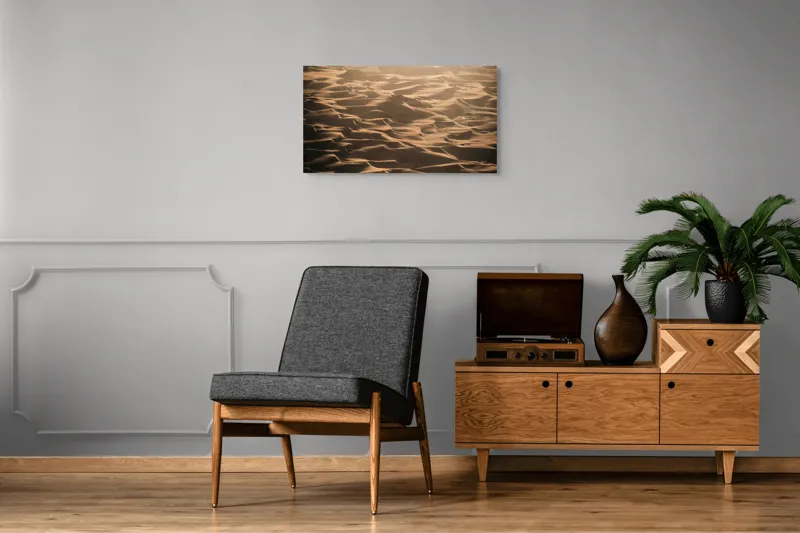 Tablou Canvas, "Dunele aurii ale deșertului enigmatic", Ondulații, Aurii, Nisip, Vânt, Deșert, Umbră, Texturi, Valuri, Lumină, Imensitate, 90 x 50 cm – poza 6