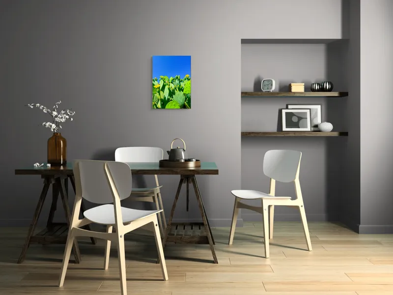 Tablou Canvas, "Flori de cactus sub cer senin", Cactuși, Flori, Cer, Albastru, Soare, Verde, Colți, Natură, Viu, Zvelt., 39 x 54 cm – poza 7