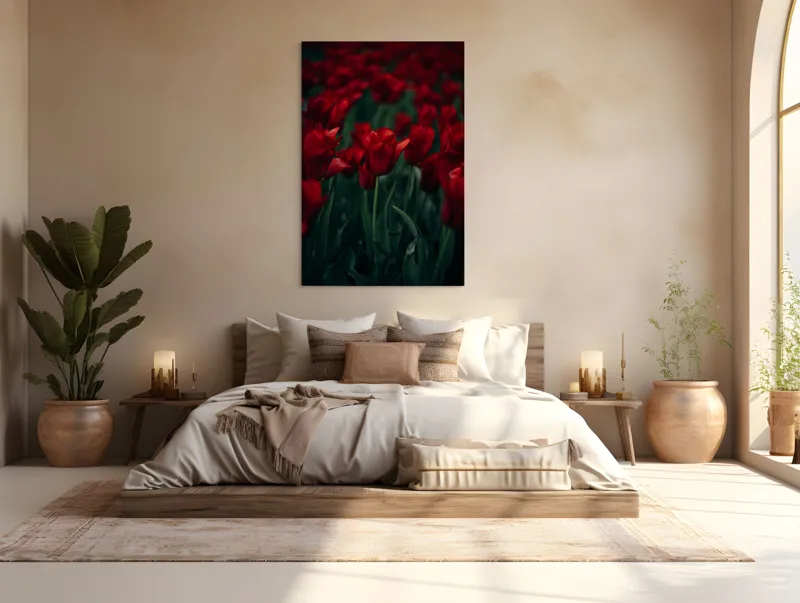 Tablou Canvas, "Marea câmpie de lalele roșii", Roșu, Grădină, Lalele, Natură, Abundență, Viață, Frumusețe, 100 x 150 cm – poza 3