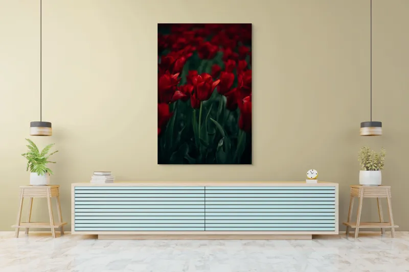 Tablou Canvas, "Marea câmpie de lalele roșii", Roșu, Grădină, Lalele, Natură, Abundență, Viață, Frumusețe, 100 x 150 cm – poza 4