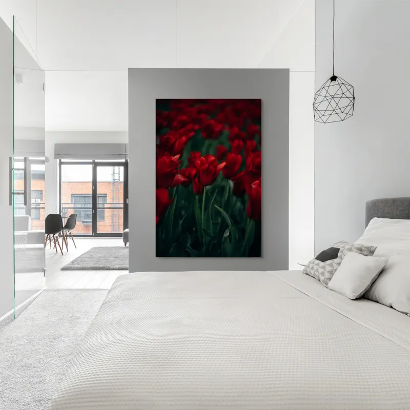 Tablou Canvas, "Marea câmpie de lalele roșii", Roșu, Grădină, Lalele, Natură, Abundență, Viață, Frumusețe, 100 x 150 cm – poza 5