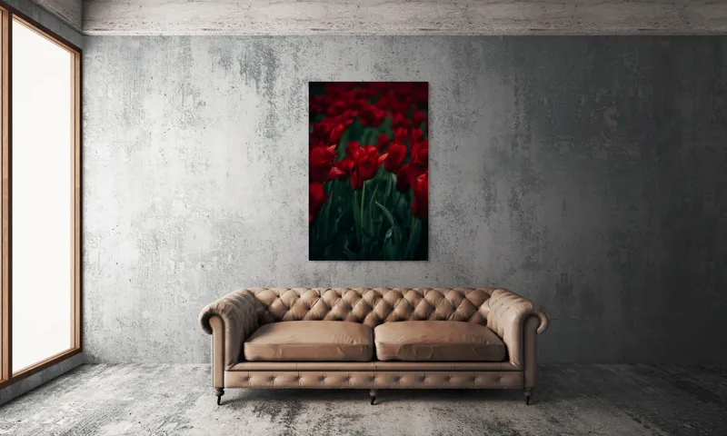 Tablou Canvas, "Marea câmpie de lalele roșii", Roșu, Grădină, Lalele, Natură, Abundență, Viață, Frumusețe, 100 x 150 cm – poza 6