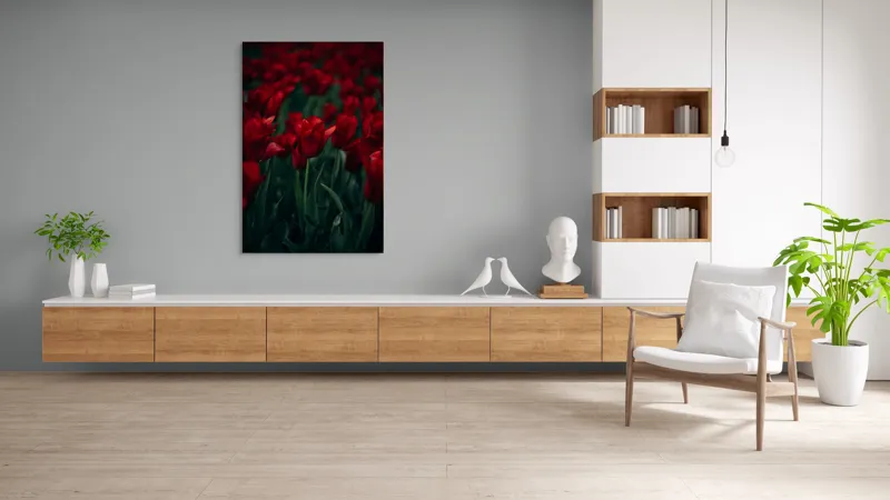 Tablou Canvas, "Marea câmpie de lalele roșii", Roșu, Grădină, Lalele, Natură, Abundență, Viață, Frumusețe, 100 x 150 cm – poza 8