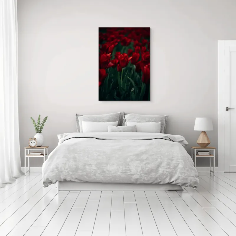 Tablou Canvas, "Marea câmpie de lalele roșii", Roșu, Grădină, Lalele, Natură, Abundență, Viață, Frumusețe, 70 x 100 cm – poza 3