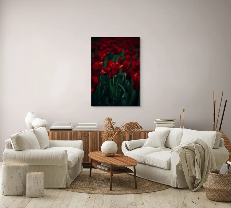 Tablou Canvas, "Marea câmpie de lalele roșii", Roșu, Grădină, Lalele, Natură, Abundență, Viață, Frumusețe, 70 x 100 cm – poza 4