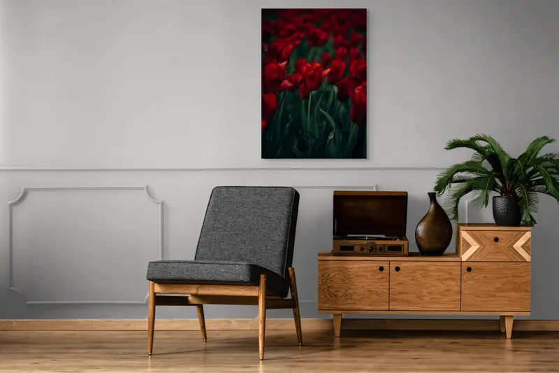 Tablou Canvas, "Marea câmpie de lalele roșii", Roșu, Grădină, Lalele, Natură, Abundență, Viață, Frumusețe, 70 x 100 cm – poza 6
