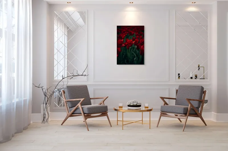 Tablou Canvas, "Marea câmpie de lalele roșii", Roșu, Grădină, Lalele, Natură, Abundență, Viață, Frumusețe, 70 x 100 cm – poza 8