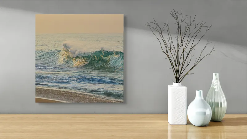 Tablou Canvas, "Valurile mării sub lumină aurie", Valuri, Apus, Spumă, Ocean, Lumină, Calm, Reflexii, Nisip, 50 x 50 cm – poza 3