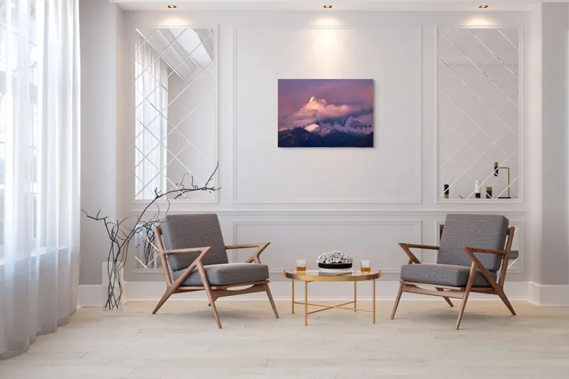 Tablou Canvas, "Vârf strălucitor la apusul soarelui", Nor, Vârf, Roz, Zăpadă, Apus, Munți, Cer, Senin, Lumină, Umbre, 100 x 70 cm – poza 5