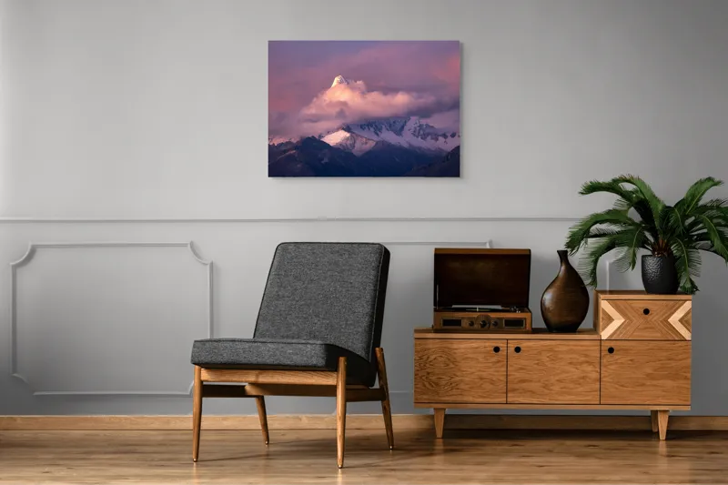 Tablou Canvas, "Vârf strălucitor la apusul soarelui", Nor, Vârf, Roz, Zăpadă, Apus, Munți, Cer, Senin, Lumină, Umbre, 100 x 70 cm – poza 8