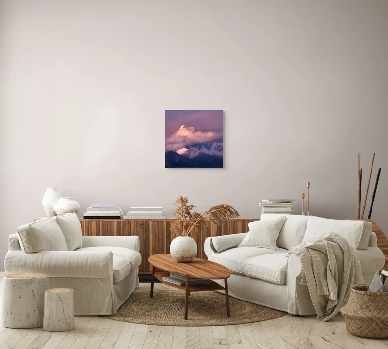 Tablou Canvas, "Vârf strălucitor la apusul soarelui", Nor, Vârf, Roz, Zăpadă, Apus, Munți, Cer, Senin, Lumină, Umbre, 50 x 50 cm – poza 7